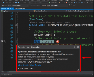 applitools detected one exception