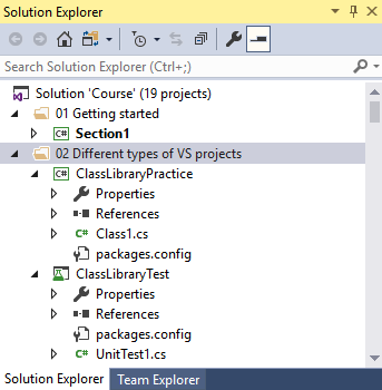 visual studio solution explorer at the top