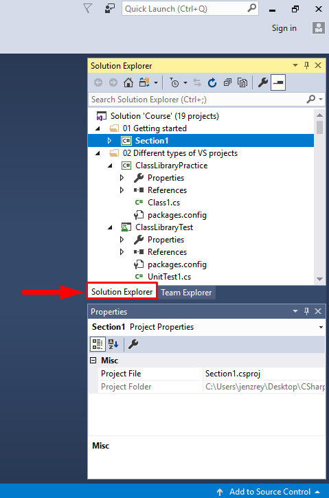Visual studio solution explorer window