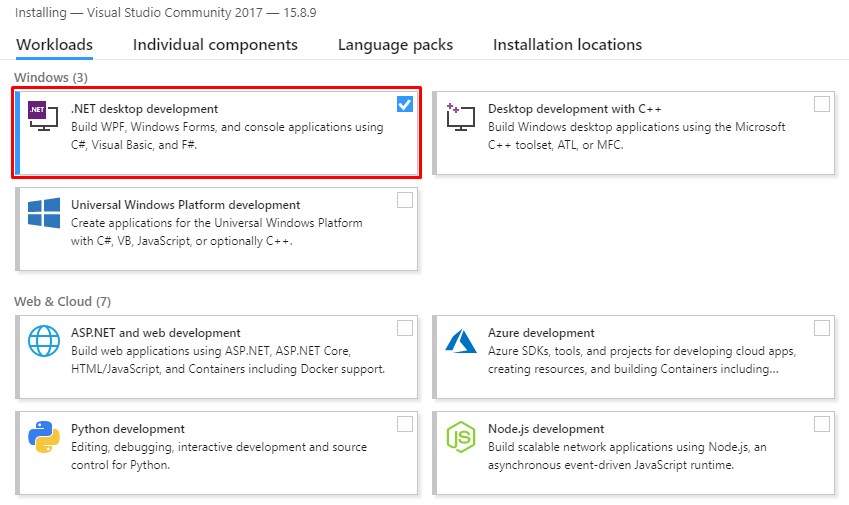 visual studio .net desktop development installer