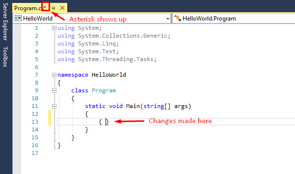 asterisk symbol in visual studio means need to save