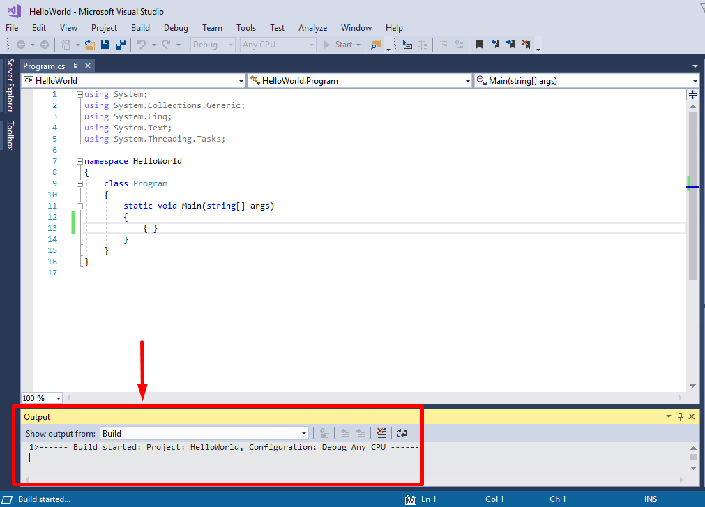 build started in visual studio