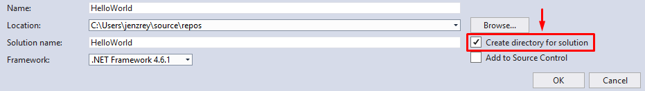 visual studio checkbox to create directory for solution