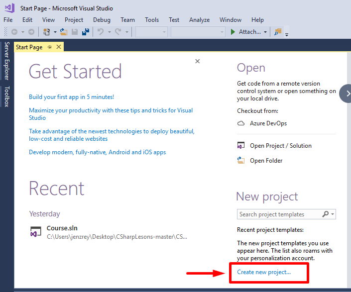 create new project in Visual studio