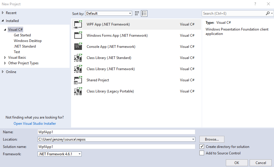 visual studio new project window