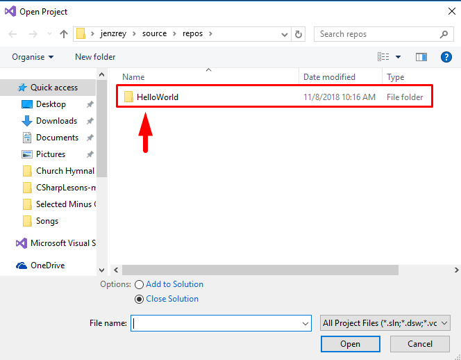 open a folder in visual studio