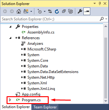 project.cs inside solution explorer in visual studio