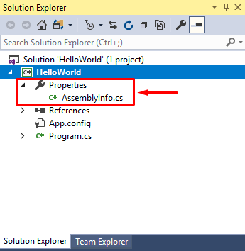 visual studio properties inside solution explorer
