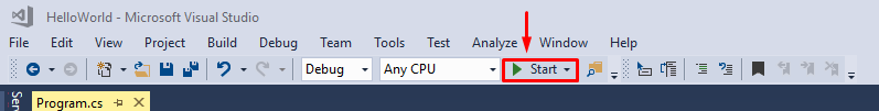 locating start button Visual studio