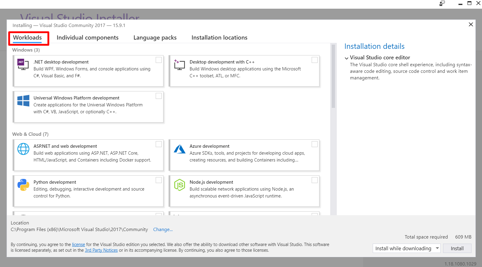 installing workloads Visual Studio 2017